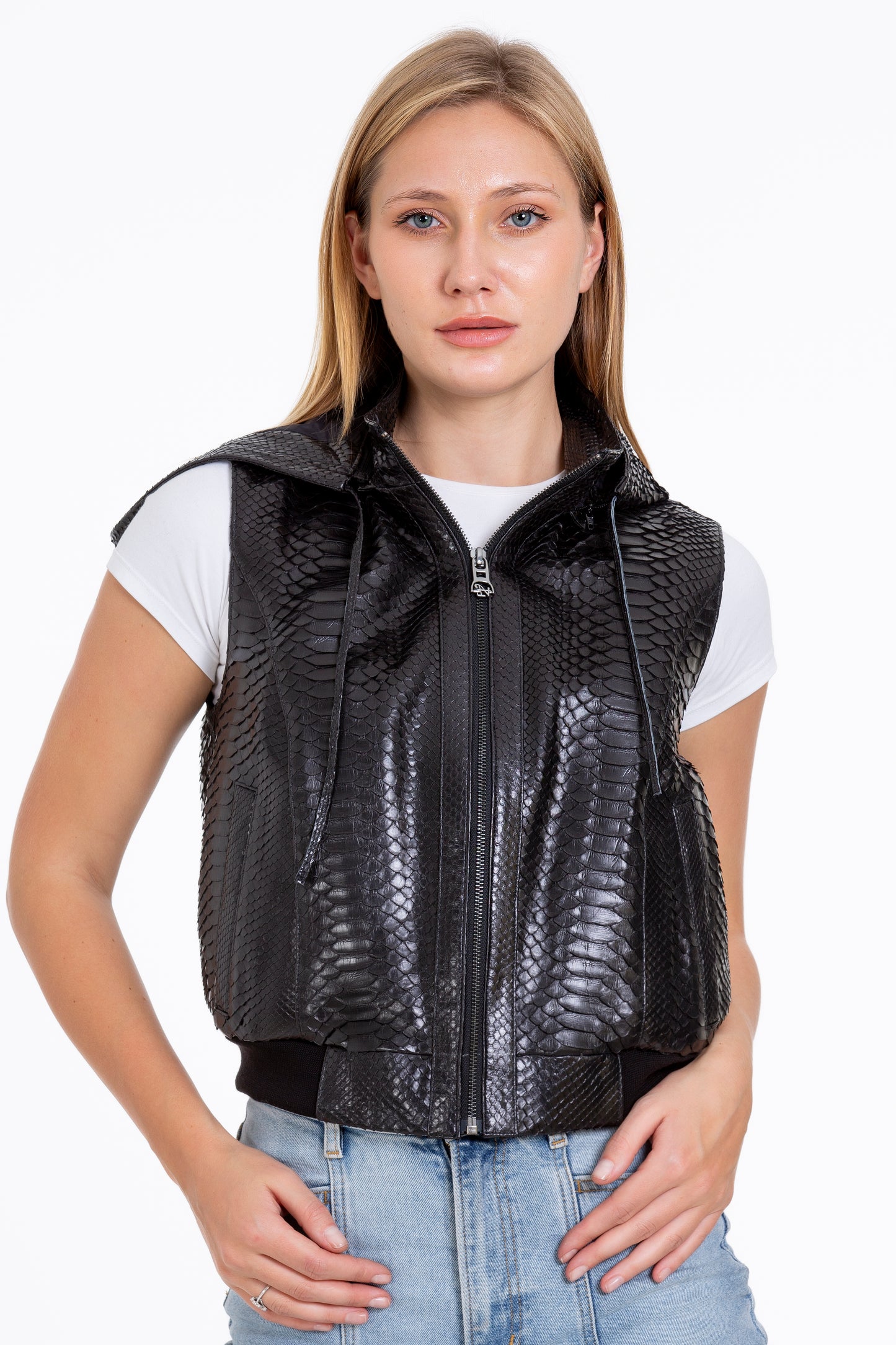 The Yanaka Pythn Skin Leather Black Zip-Up Vest with a Hood