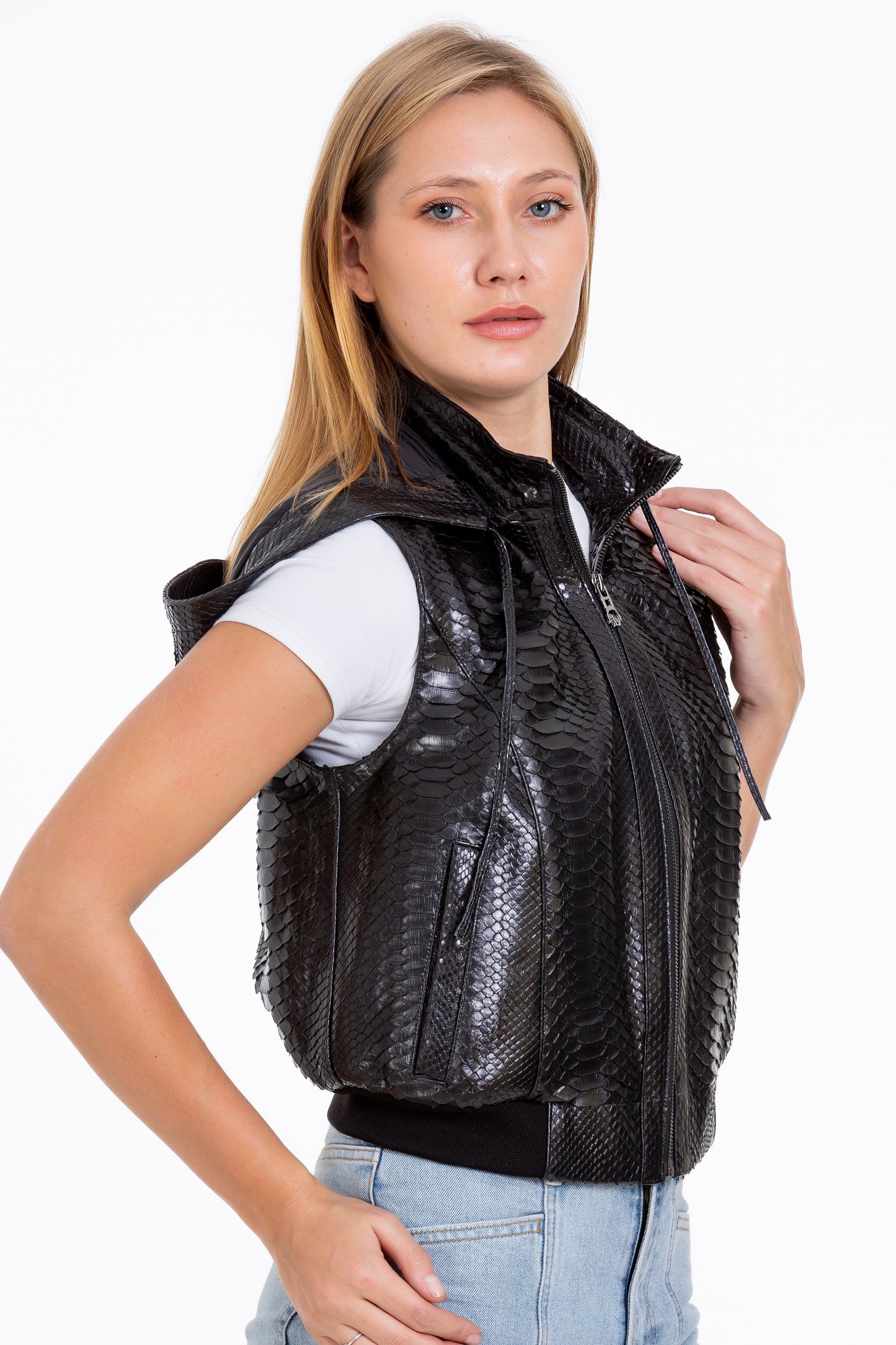 The Yanaka Pythn Skin Leather Black Zip-Up Vest with a Hood