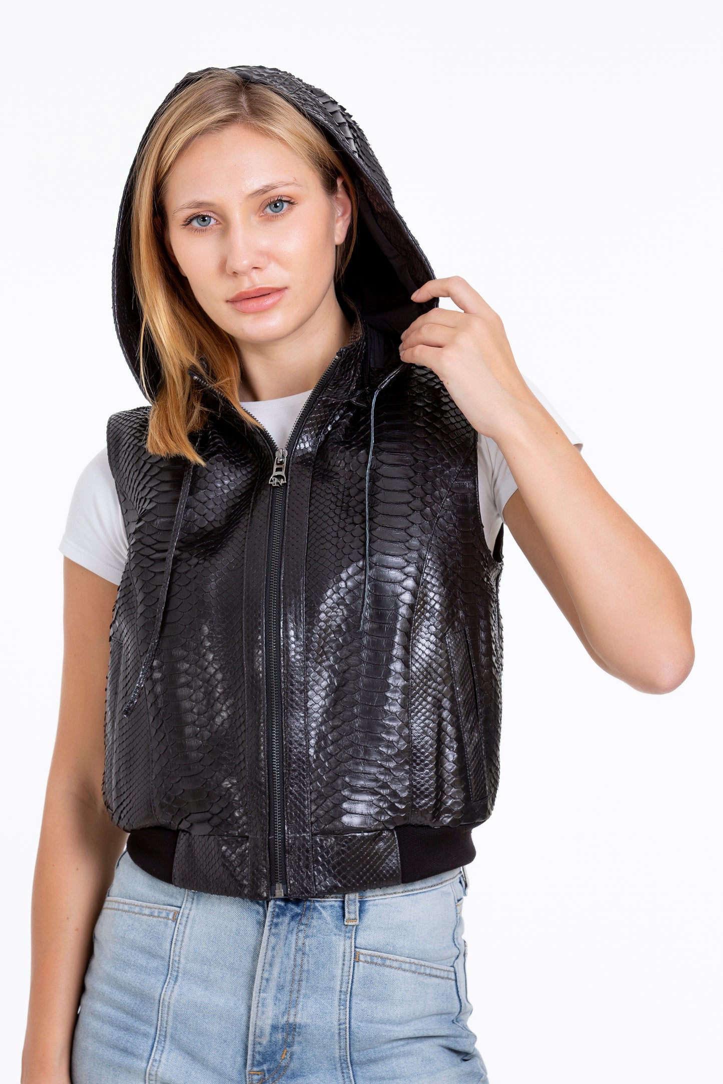 The Yanaka Pythn Skin Leather Black Zip-Up Vest with a Hood