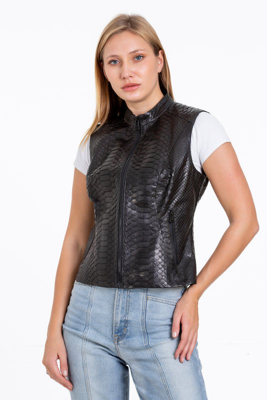 The Strasbourg Pythn Skin Leather Black Zip-Up Vest