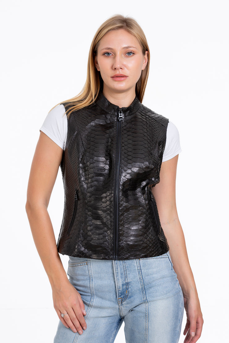 The Strasbourg Pythn Skin Leather Black Zip-Up Vest