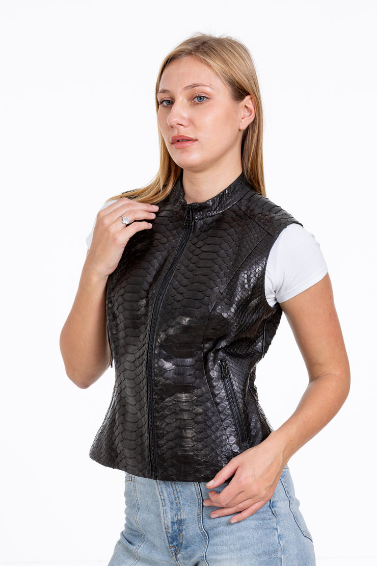 The Strasbourg Pythn Skin Leather Black Zip-Up Vest