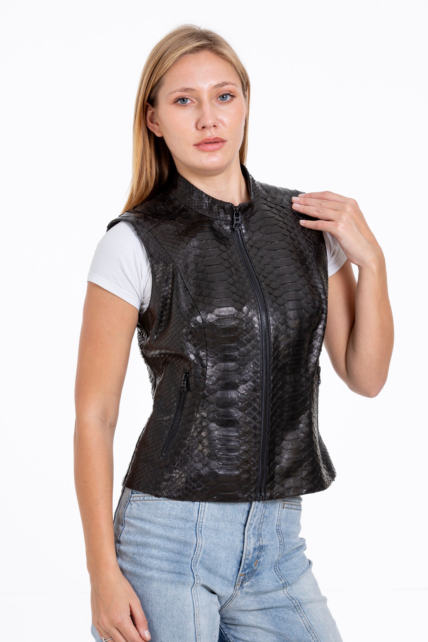 The Strasbourg Pythn Skin Leather Black Zip-Up Vest