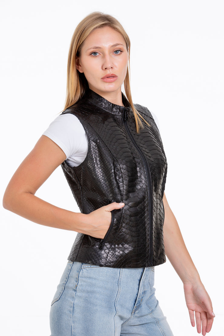 The Strasbourg Pythn Skin Leather Black Zip-Up Vest