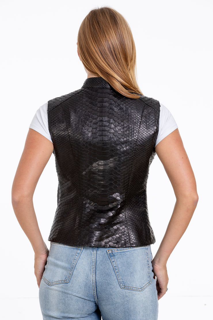 The Strasbourg Pythn Skin Leather Black Zip-Up Vest
