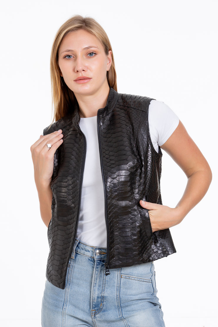 The Strasbourg Pythn Skin Leather Black Zip-Up Vest