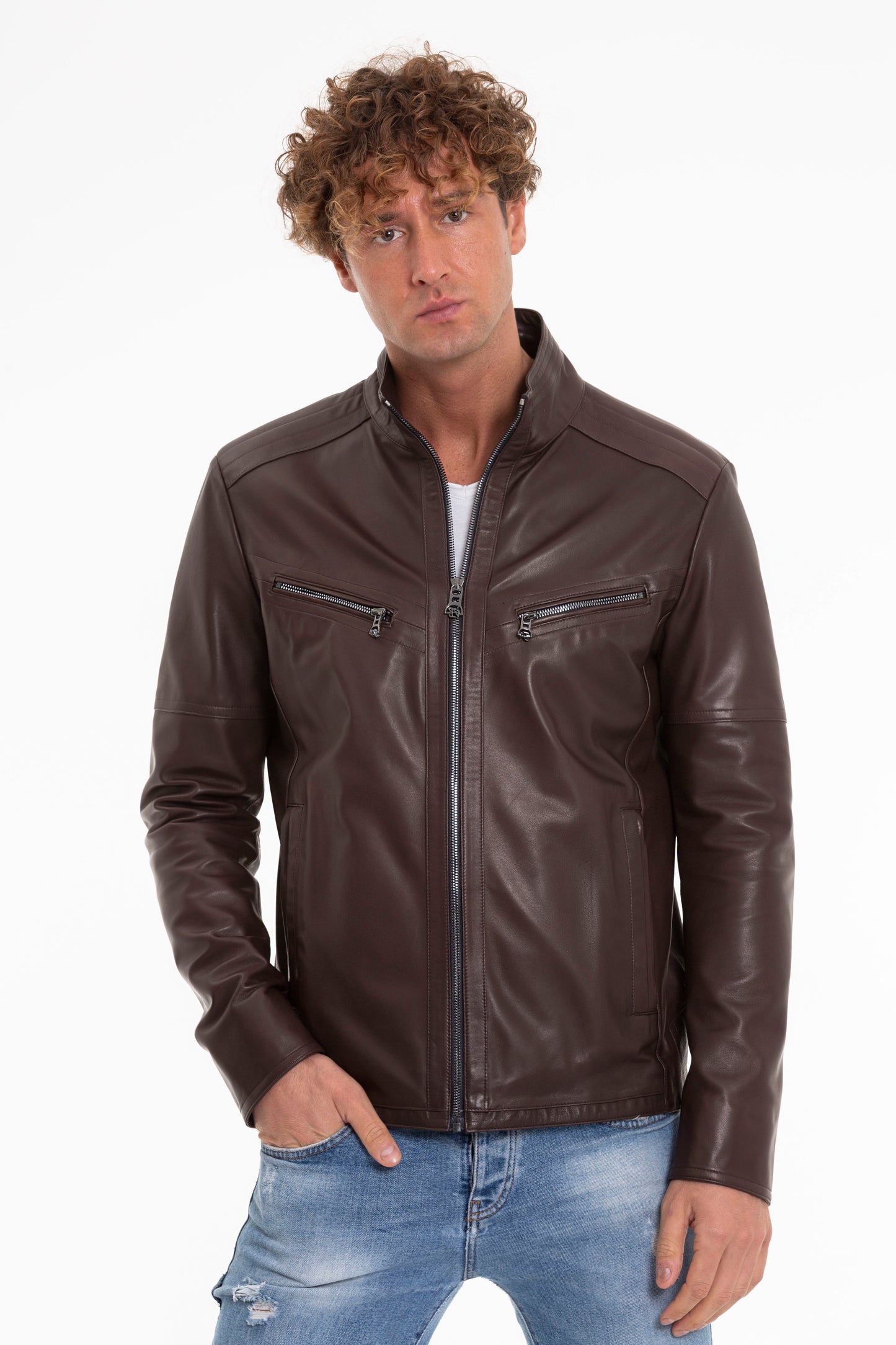 Chaqueta de cuero marrón para hombre de Alamo 