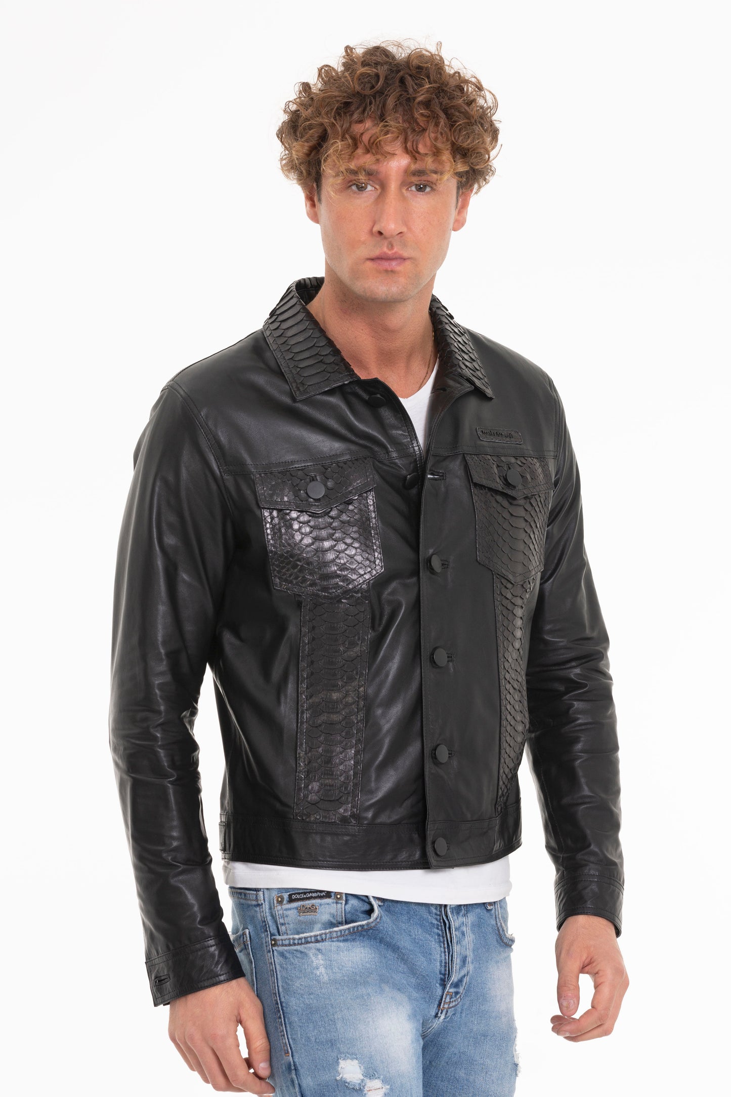 Chaqueta de piel de pitón negra para hombre de Cacin 