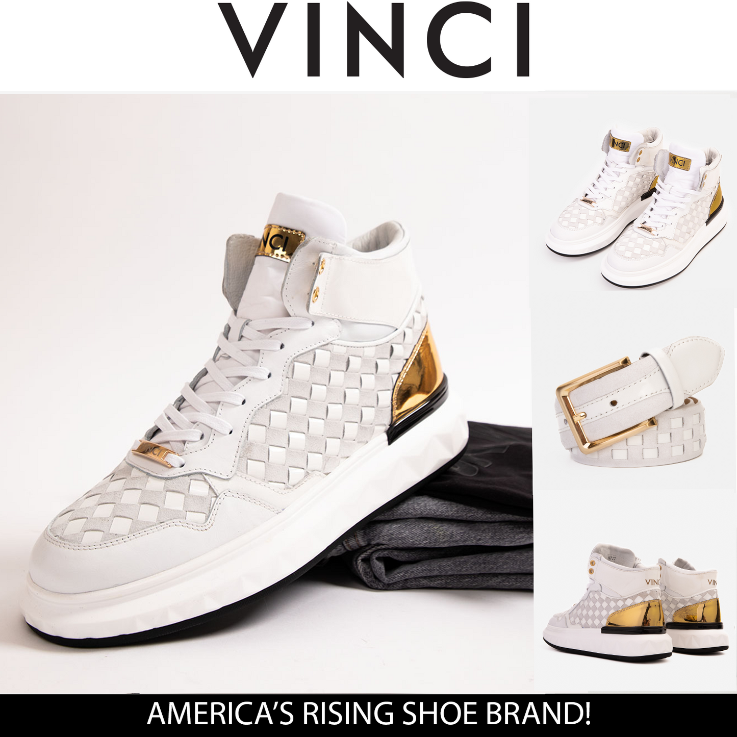 Zapatillas altas de cuero tejido blanco y dorado Eugene para hombre