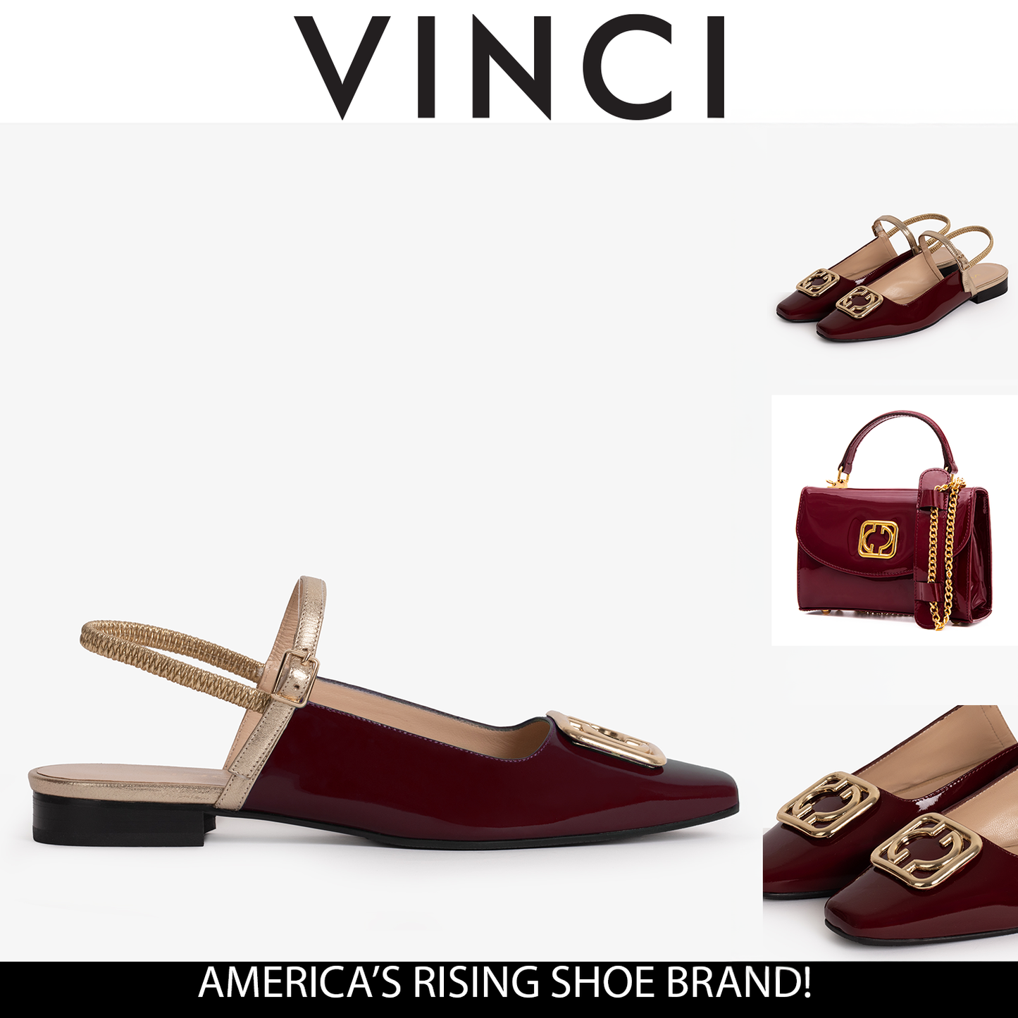Zapato plano con tira trasera para mujer de piel de charol burdeos Rosalinda