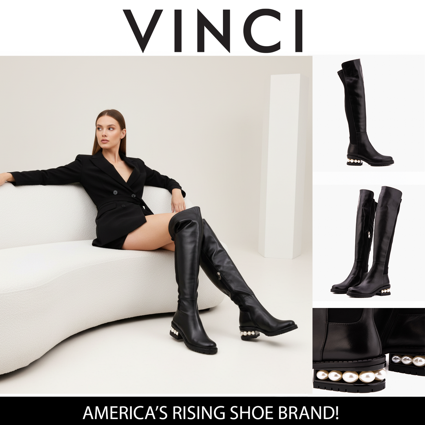 The Valeria Pearl Heel Knee-High Women Black Leather Boot