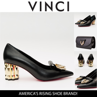 The Love Black Leather Block Heel Pump Women Shoe