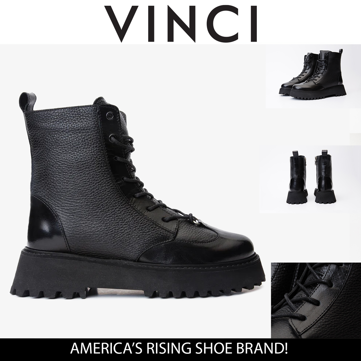 Botín Yildiz de piel negra con cordones y cremallera lateral para mujer