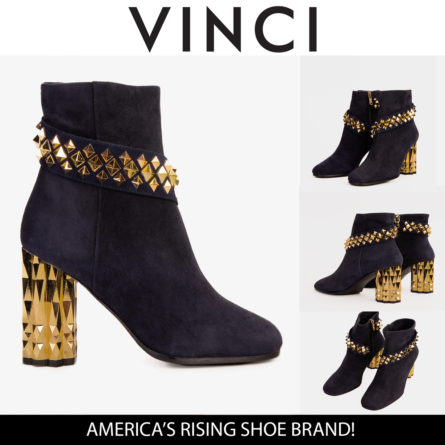 Bota de mujer con tacón de bloque de piel de ante azul marino y metal