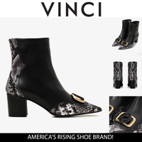 حذاء نسائي بكعب سميك من الجلد باللون الرمادي والأسود والأبيض