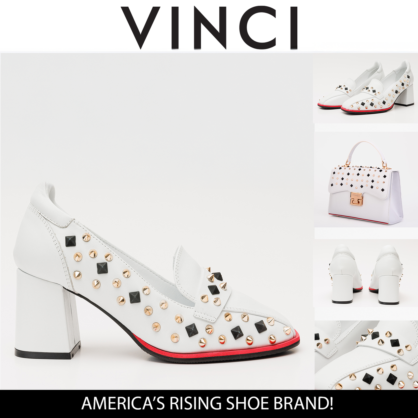Zapatos de tacón de bloque de piel con pinchos blancos para mujer Infanta