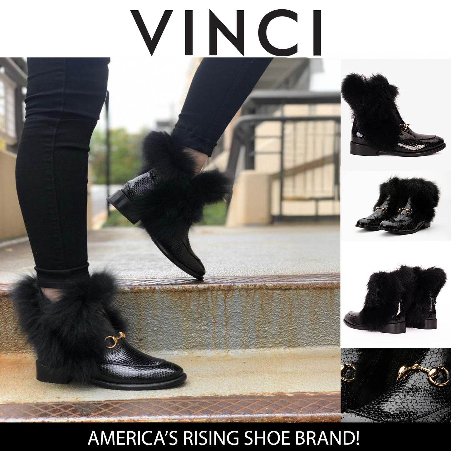 The Izmir Black Patent Leather Natural Fur Mid Calf Women  Boot