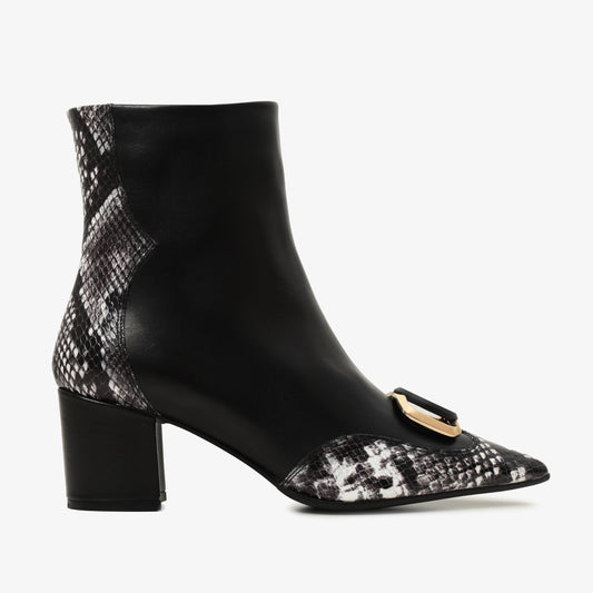Bota de mujer con tacón de bloque de cuero gris, negro y blanco