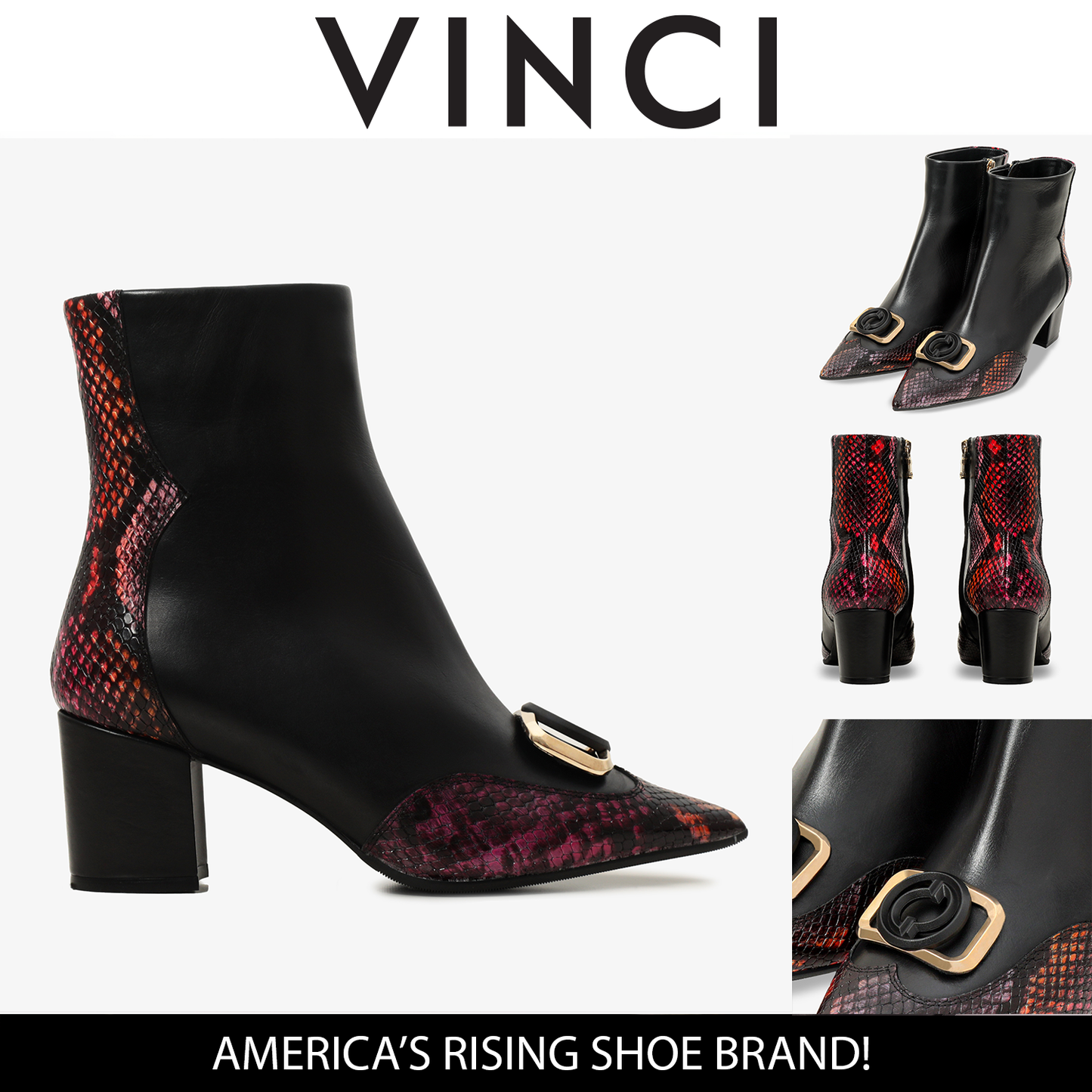 حذاء نسائي بكعب سميك من الجلد باللون الرمادي والأسود والفوشيا