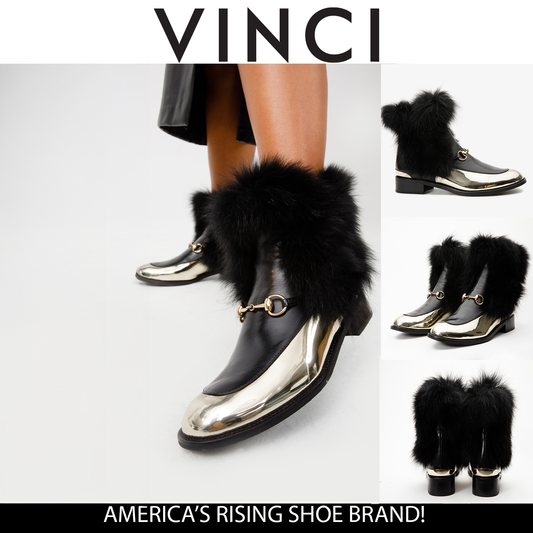 Bota de media pantorrilla para mujer de piel de zorro natural en color negro y dorado Izmir