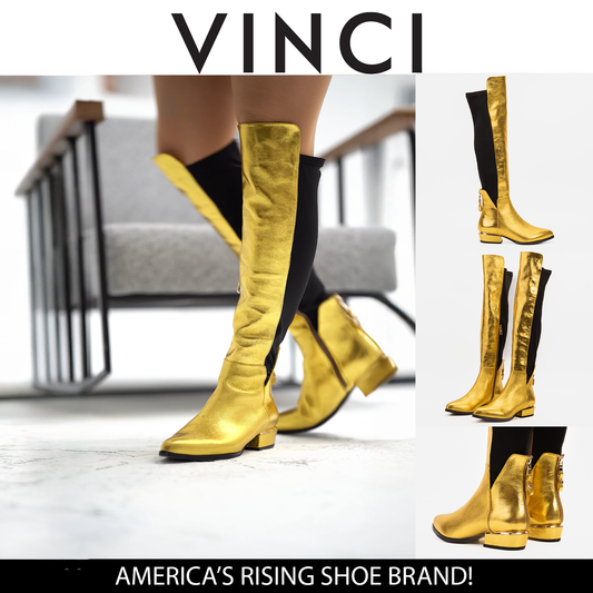 The Fairoks Gold Leather Pointy Toe Knee High Women Boot