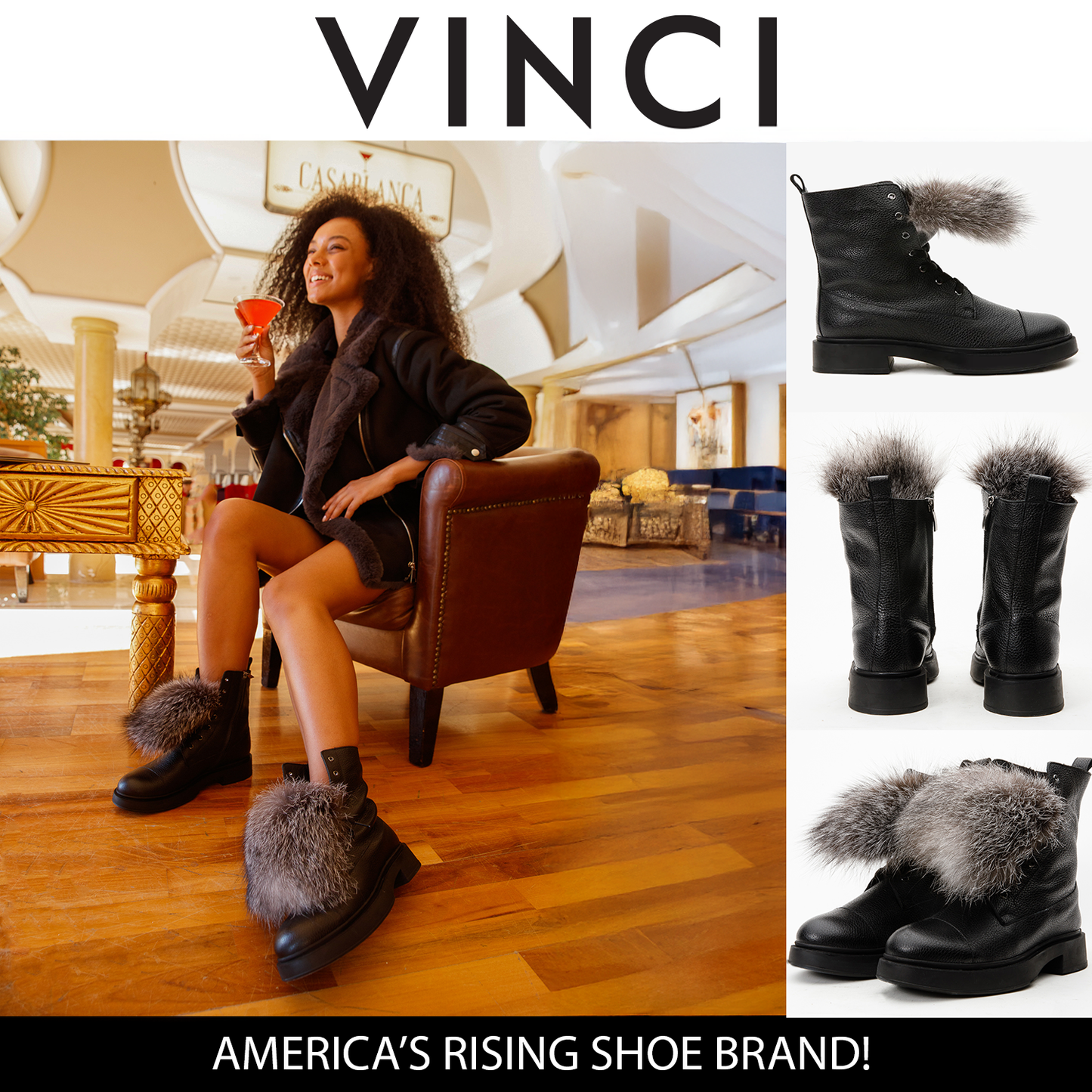 Bota de media pantorrilla de piel natural negra Kajapati para mujer