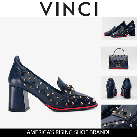 The Infanta Navy Blue Spike Leather Block Heel Pump Women Shoe