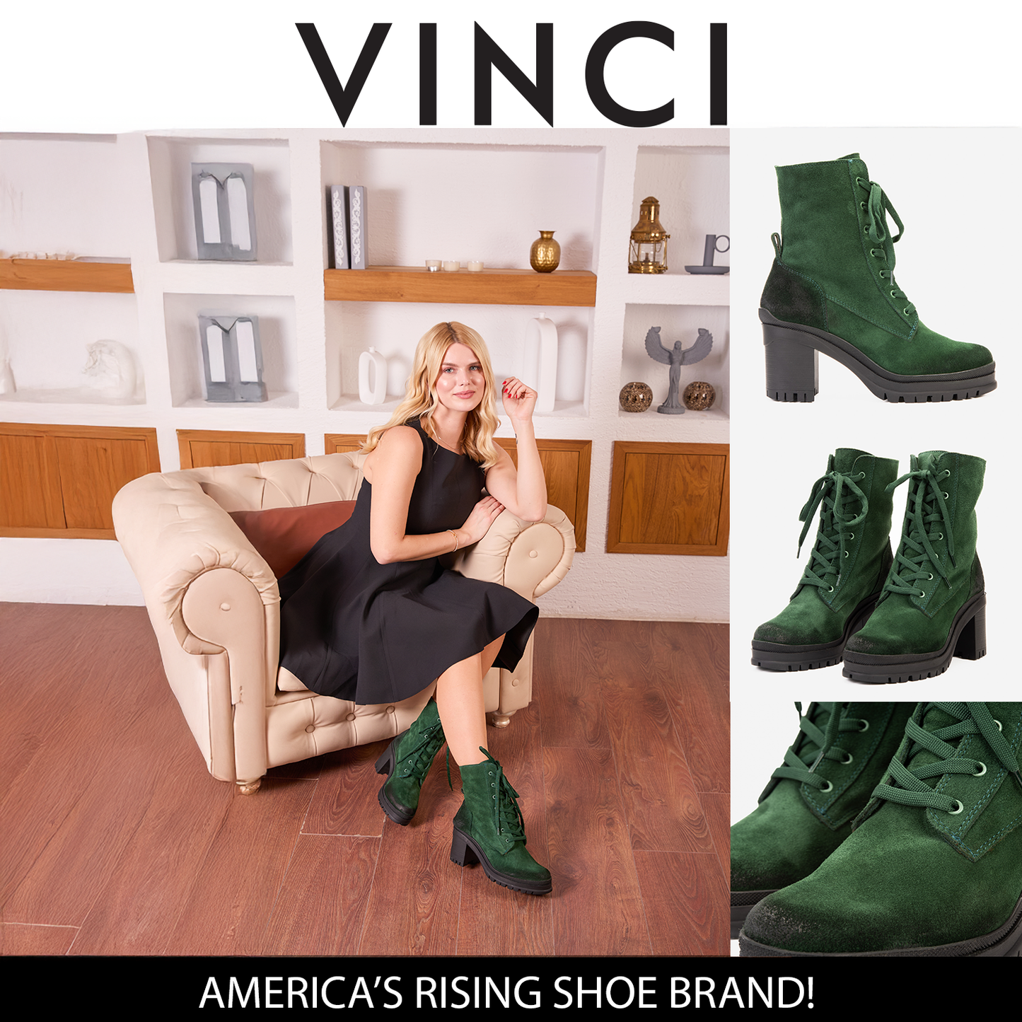 The Elera Green Leather Block Heel Women Boot