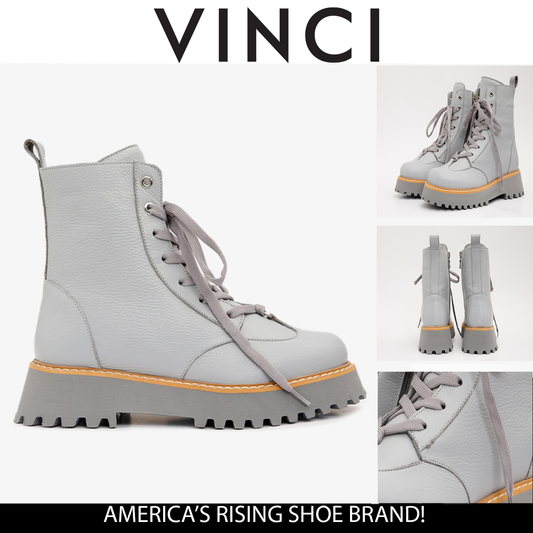 The Yildiz Grey Leather Lace-Up Ankle Women Boot With a Side Zipper