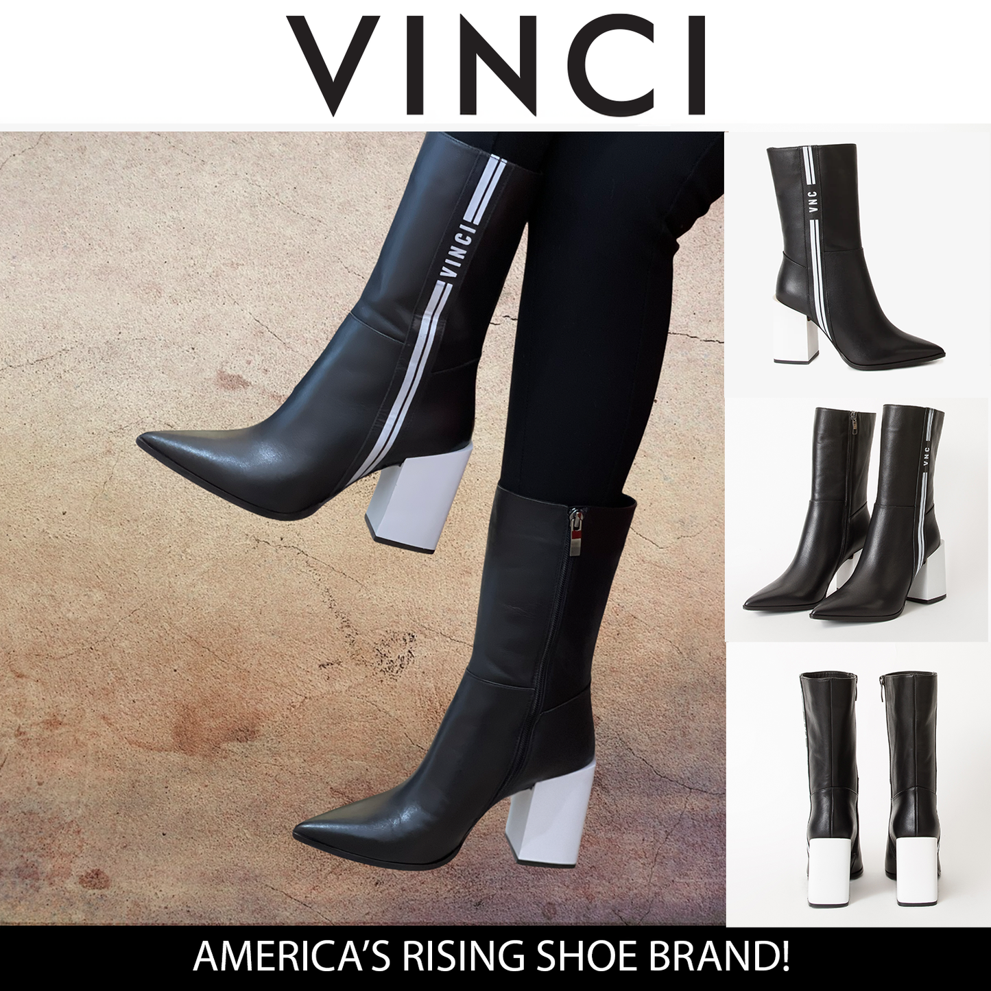 Bota de mujer de media pantorrilla con tacón de bloque de cuero negro Loretto