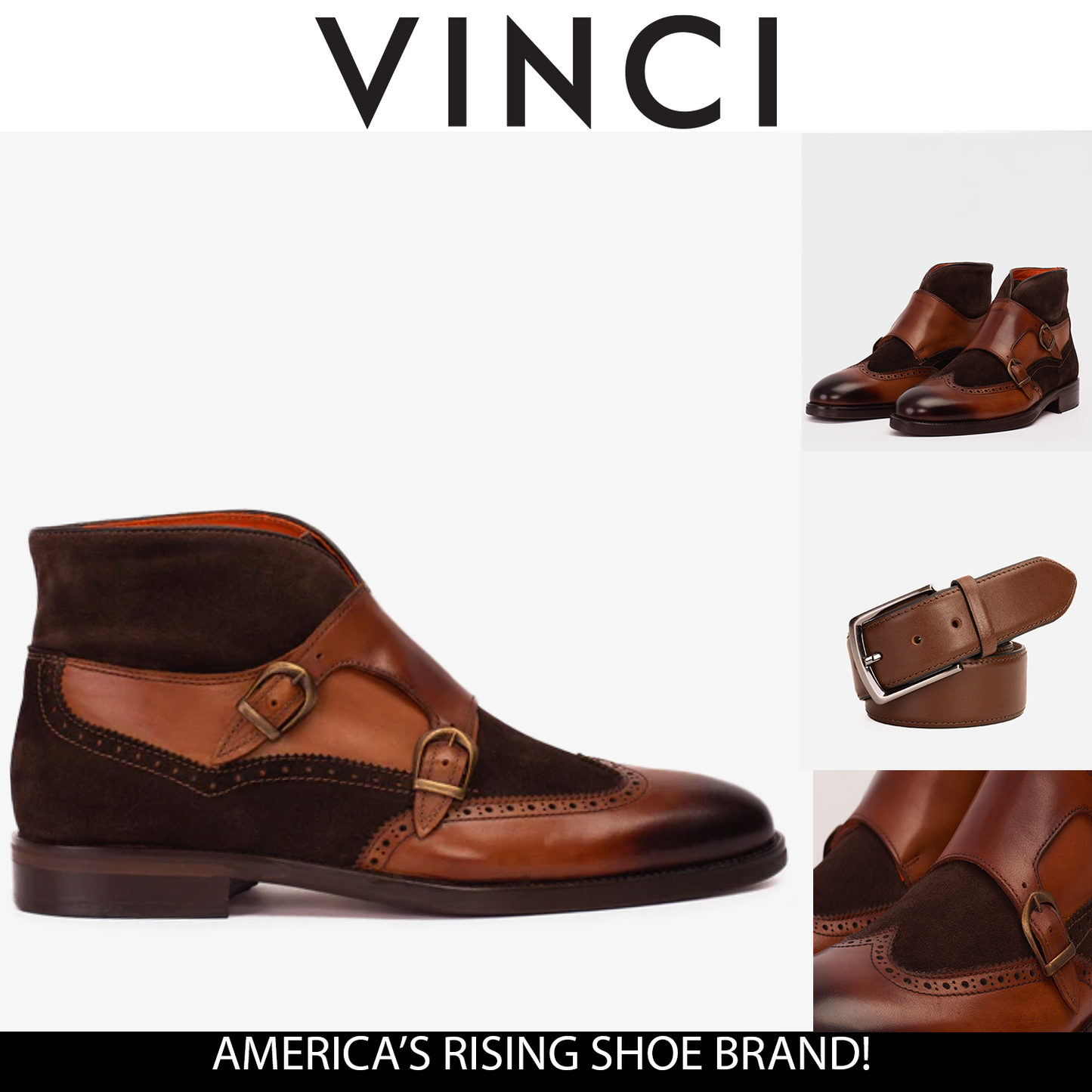 Bota de monje con doble tira de ante y cuero color canela Albus para hombre