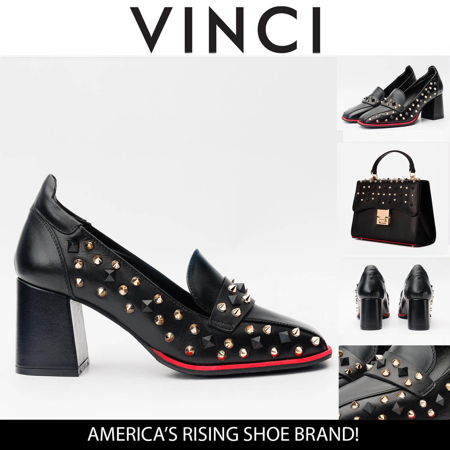 The Infanta Black Spike Leather Block Heel Pump Women Shoe
