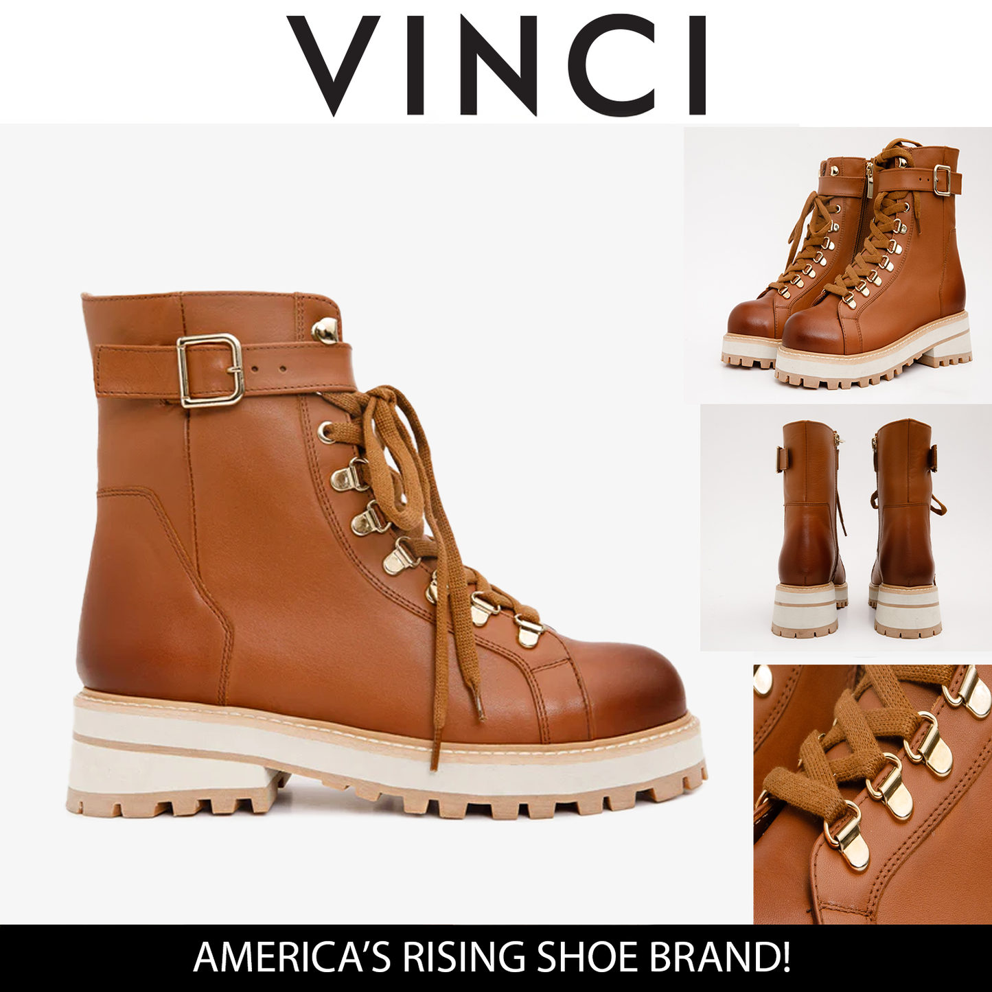 Botín de mujer con cordones y cremallera lateral en piel color canela Belgrano