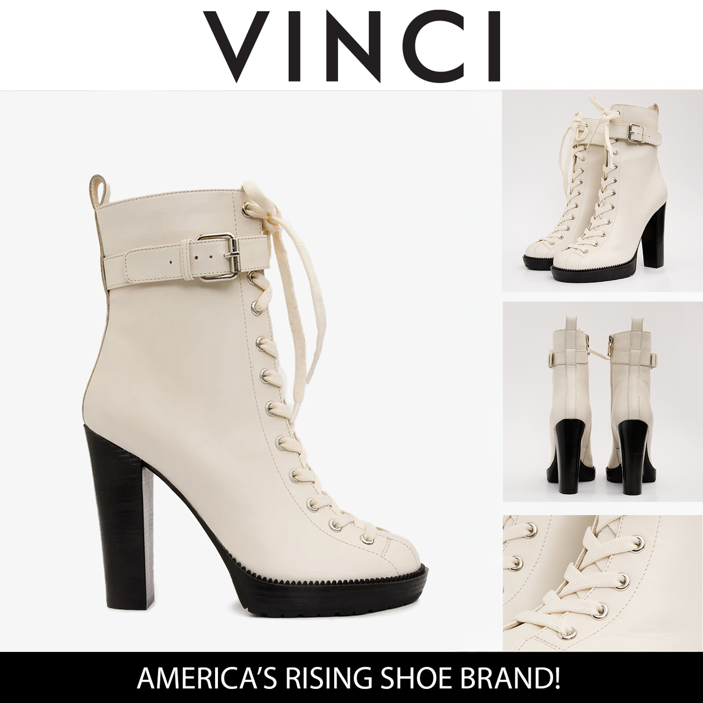 Bota de mujer de media pantorrilla con plataforma y cordones de cuero color crema Estrada