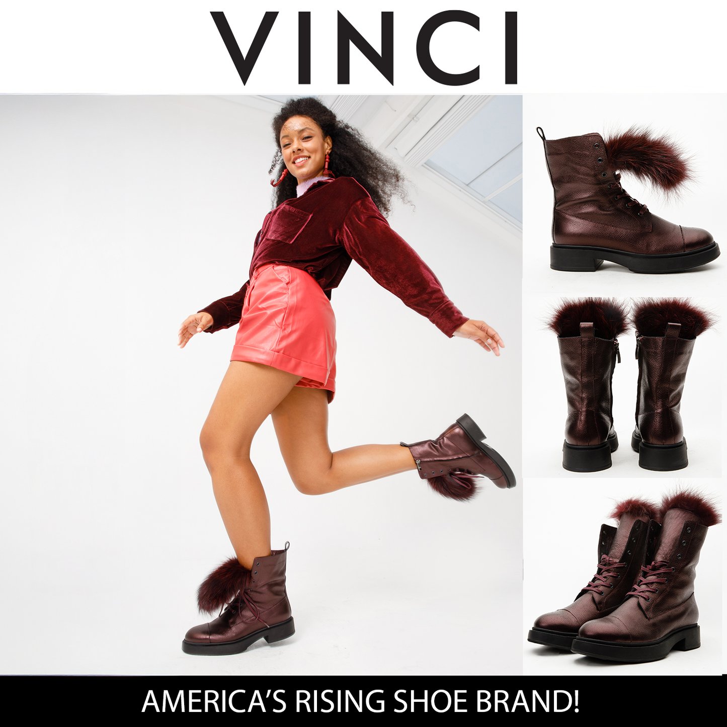 Bota de media pantorrilla para mujer de piel natural color burdeos Kajapati