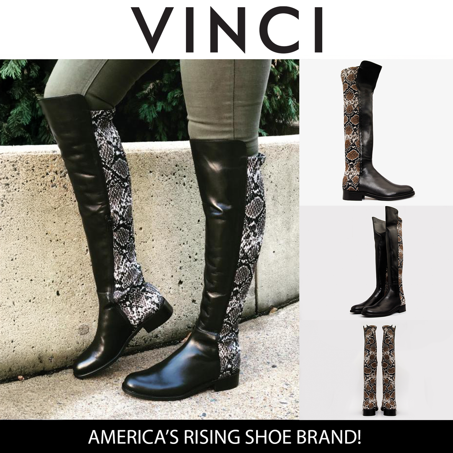 Bota hasta la rodilla con estampado de leopardo y cuero negro para mujer de Moengo