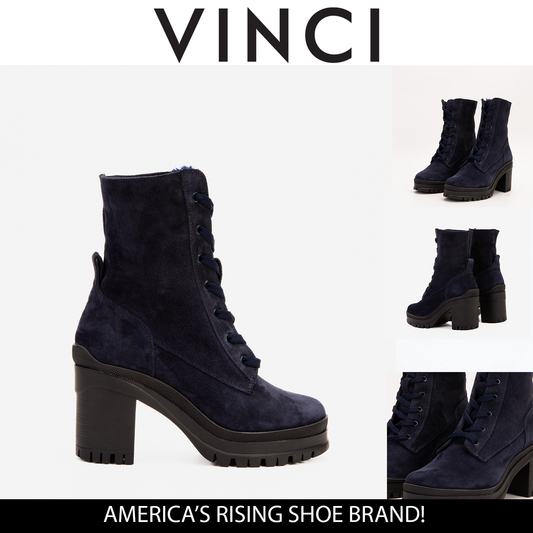 The Elera Navy Blue Leather Block Heel Women Boot