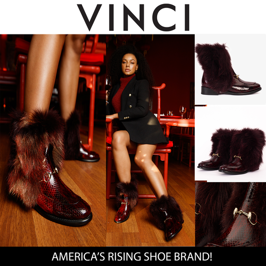 حذاء نسائي من إزمير بورجوندي مصنوع من الجلد اللامع والفراء الطبيعي بطول منتصف الساق