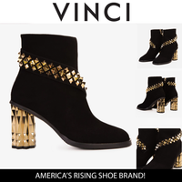 حذاء نسائي بكعب سميك من الجلد المدبوغ باللون الأسود المعدني