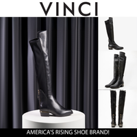 Botas altas hasta la rodilla con punta puntiaguda de cuero negro para mujer de Fairoks