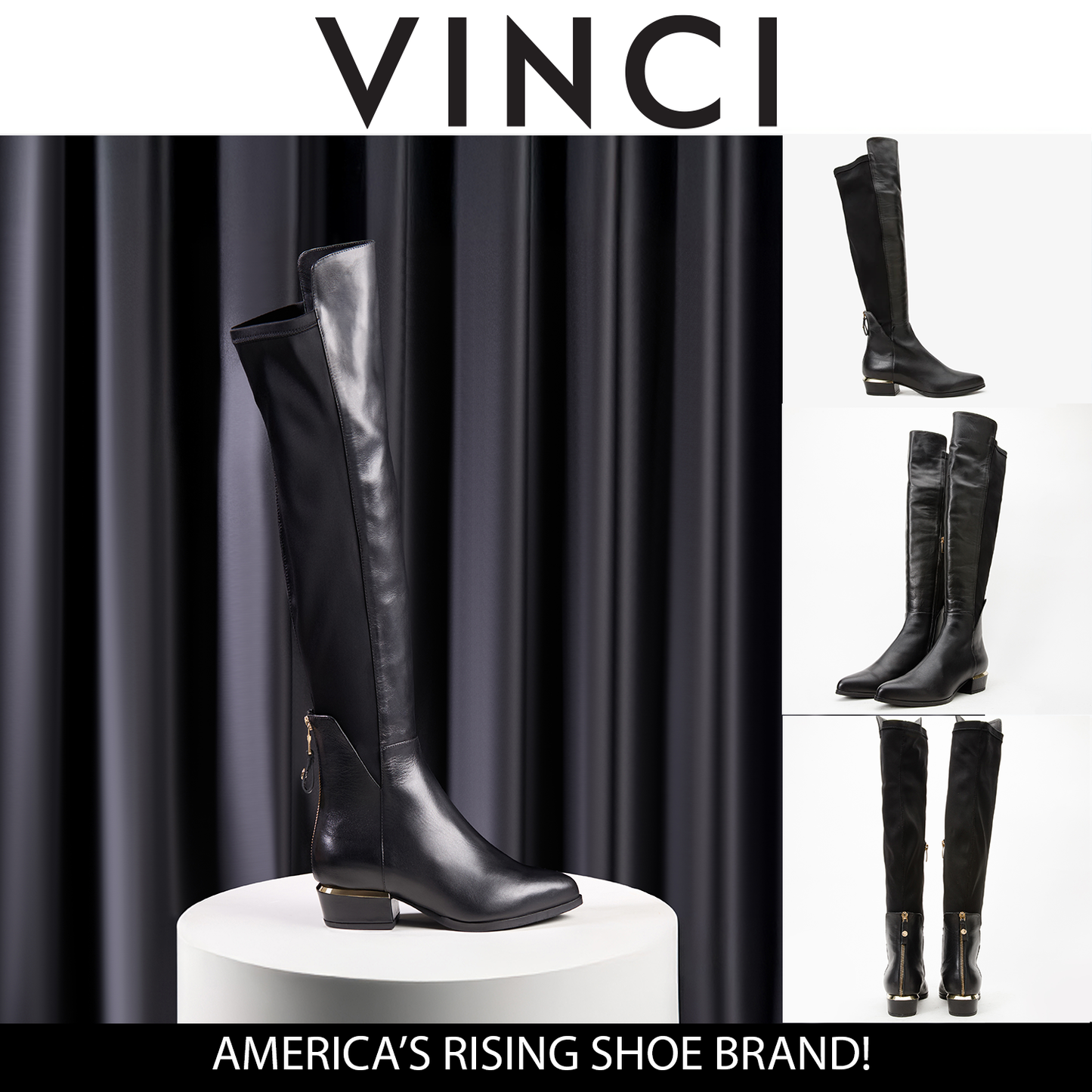 Botas altas hasta la rodilla con punta puntiaguda de cuero negro para mujer de Fairoks