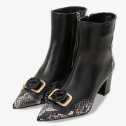 Gray Black & White Leather Block Heel Boot