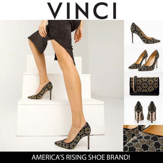 Zapatos de salón de piel con purpurina negra y dorada de Bolu para mujer