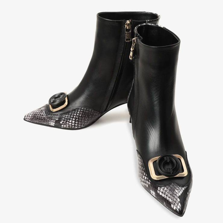 Gray Black & White Leather Block Heel Boot