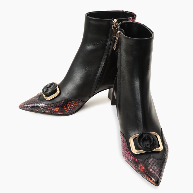 Gray Black & Fuchsia Leather Block Heel Boot