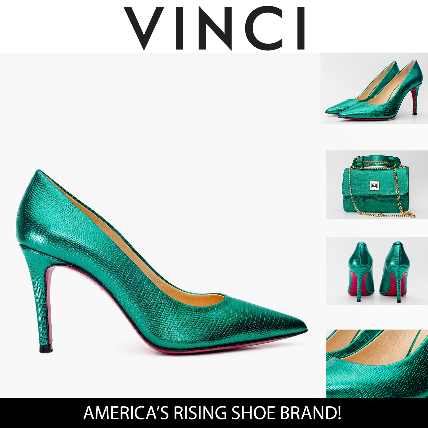 Zapato de salón de piel verde arce con suela fucsia para mujer