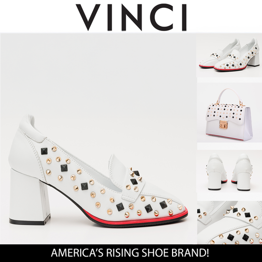 The Infanta White Spike Leather Block Heel Pump Women Shoe