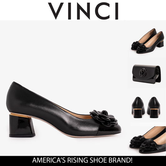 The Diva Black Leather Cap Toe Block Heel Pump Women Shoe