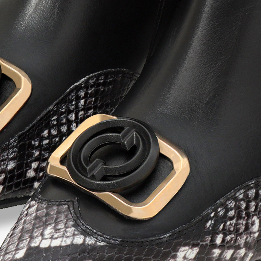 The Gray Black & White Leather Block Heel Women Boot