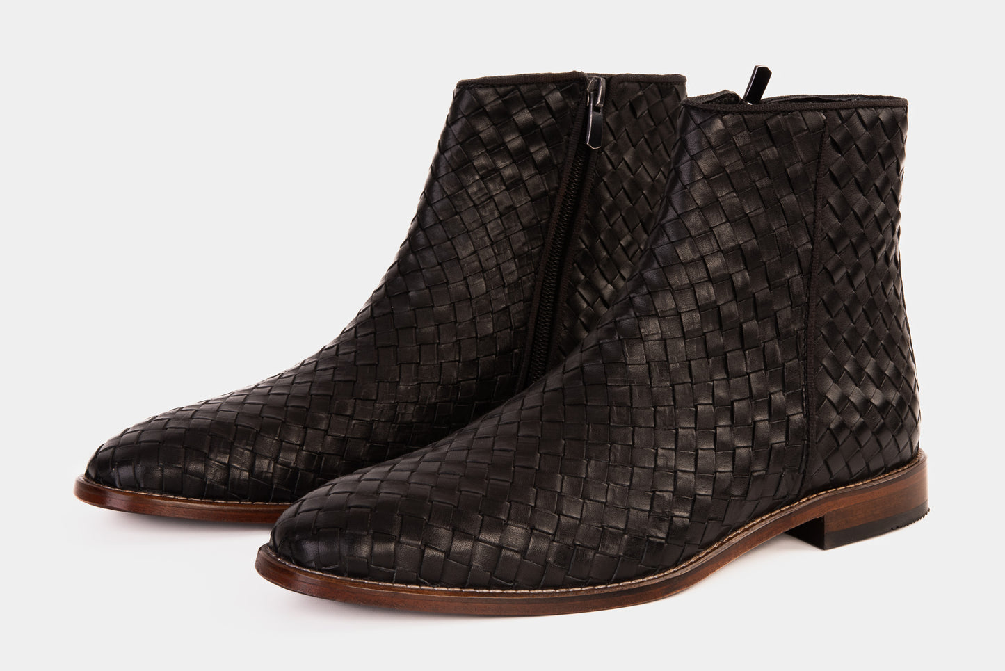 The Wellington Black Handwoven Leather Men Boot with a Zipper